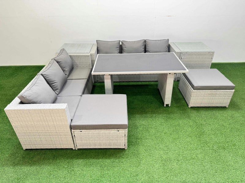 Fimous Rattan Garden Furniture Dining Set 8 seater Patio Rectangular Table Sofa Set with 2 Side Tables 2 Big Stools Light Grey