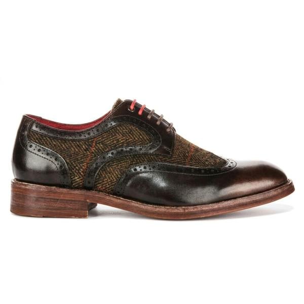 Justin Reess Arlo - Men's Brown Leather Tweed Brogue Shoes