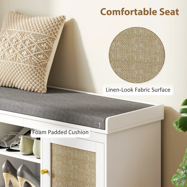 HOMCOM Boho Shoe Storage Bench with 2 Rattan Doors, Padded Cushion, Entryway Shoe Bench