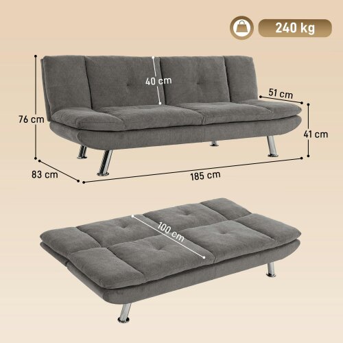 HOMCOM Sofa Bed, Chenille Fabric 3 Seater Futon Sofa Bed, Wide Seat, Grey