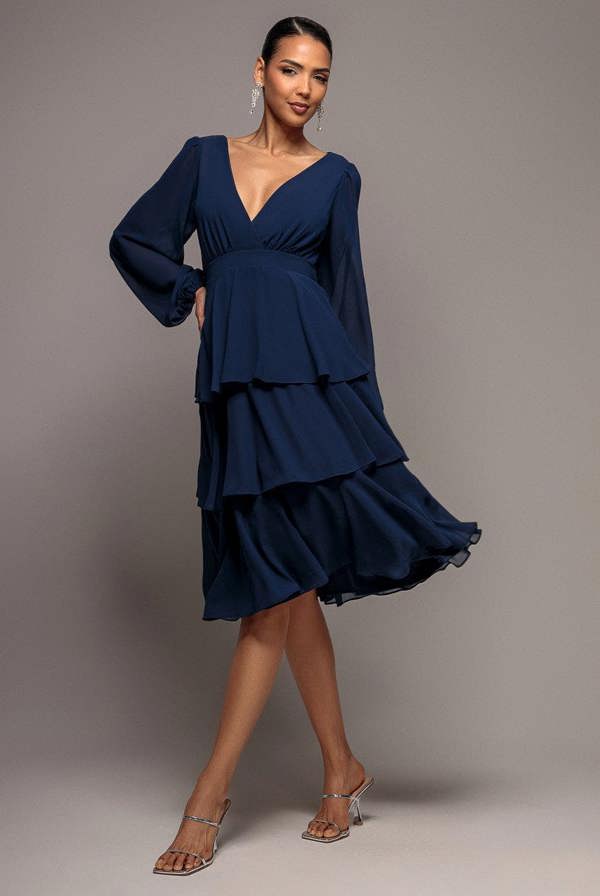 Tiered Chiffon Wrap Midi Dress - Navy Blue DR4907BBS