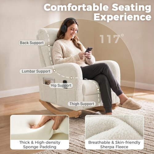 HOMCOM Modern High Back Corduroy Leisure Rocking Chair, Cream White