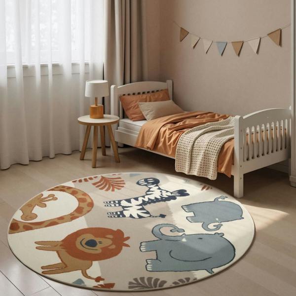 Children's room with a round rug featuring animal illustrations, a bed, and a small table.
