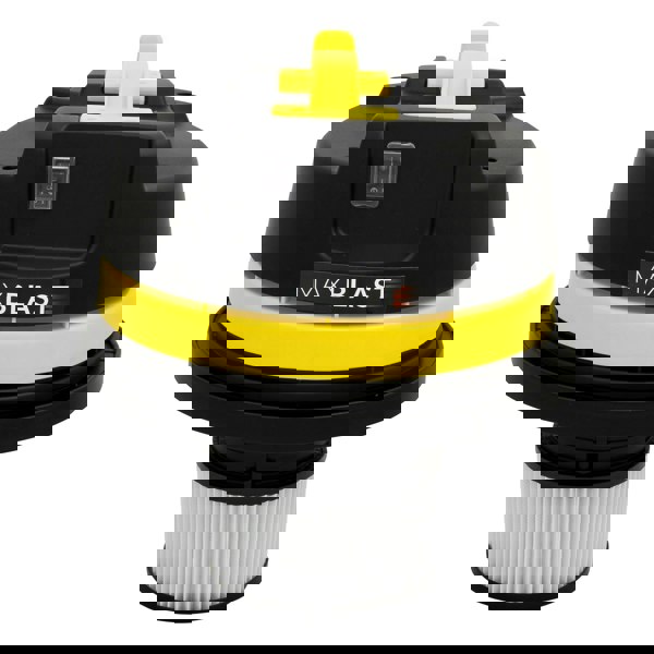 MAXBLAST 50L Industrial Vacuum Cleaner with a sleek black and yellow design, featuring a cylindrical shape and a sturdy filter system