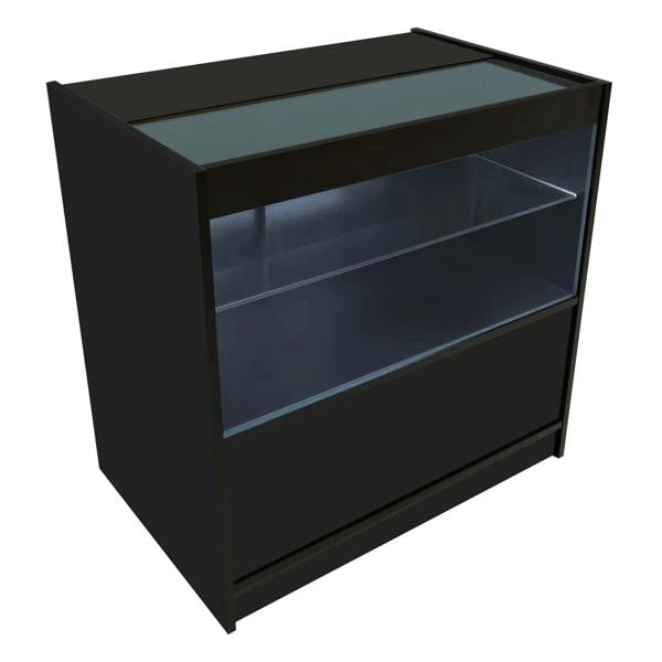 Vega LED Shop Counter Set in black with glass top, featuring two shelves and sleek design, ideal for retail displays