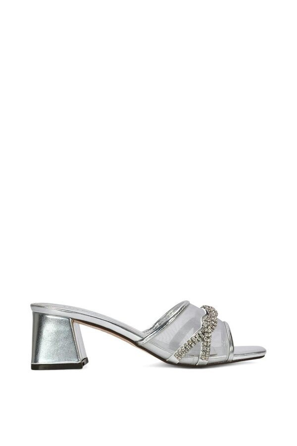 XY LONDON Backless Block Heel Sandals With Crystals and Mesh - Silver