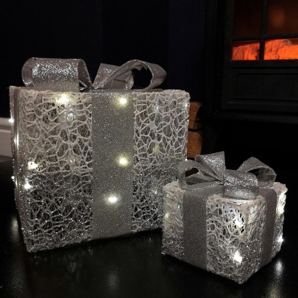 Samuel Alexander Set of 3 Battery Operated Silver Sparkly Christmas Gift Boxes with LEDs
