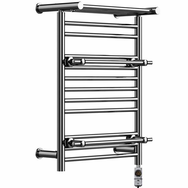 MYHOMEWARE 490mm Wide Electric Chrome Heated Towel Rail Radiator Top Shelf & Two Towel Holder OSLO For Bathroom - AF Thermostatic Element