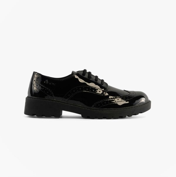 GEOX JR CASEY Girls Patent Brogue School Shoes Black