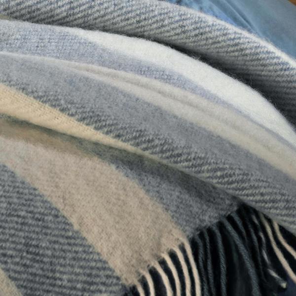 Mediterranean Blue Brushed Wool Stripe Throw - breathable, close-up detail 1 | Soak and Sleep
