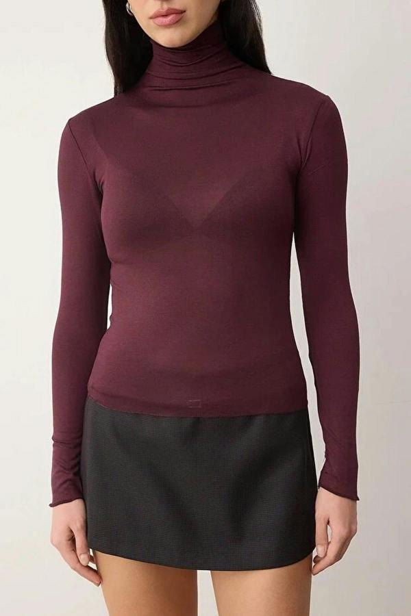WOVCOR Transparent Stand Collar Flexible Regular Knit Blouse