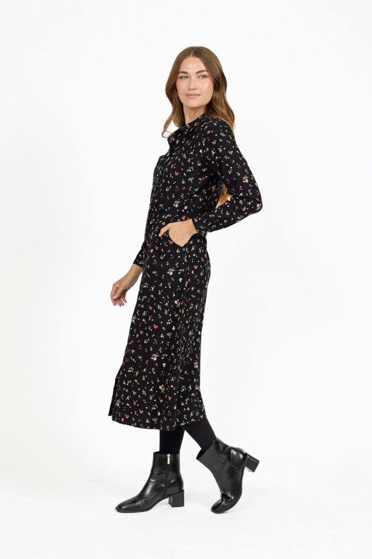 Mudflower Floral Print Corduroy Collared Full Sleeve Dress