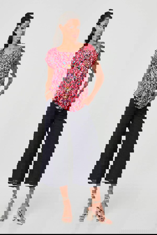 Red | Printed Lace Trim Cap Sleeve Blouse
