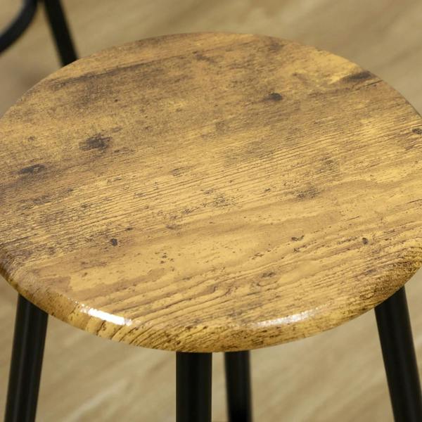 Round stool seat, rustic brown woodgrain with scuffed finish