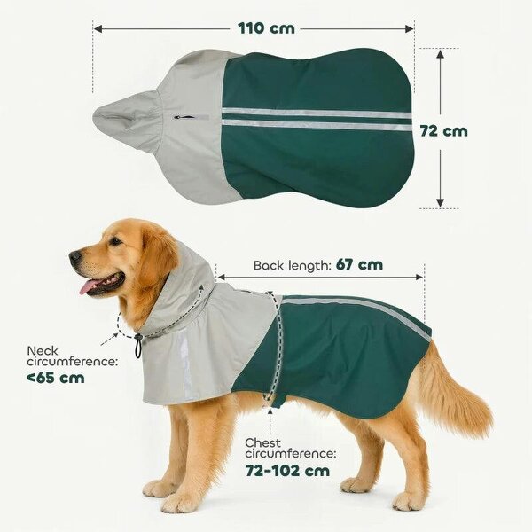 Dog Raincoat with Hood, Waterproof & Breathable Rain Jacket with Leash Hole, for Large Dogs, Green, L