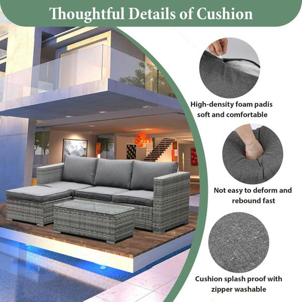 Leaper 3-Piece Rattan Garden Corner Sofa Set with Coffee Table & Washable Cushions