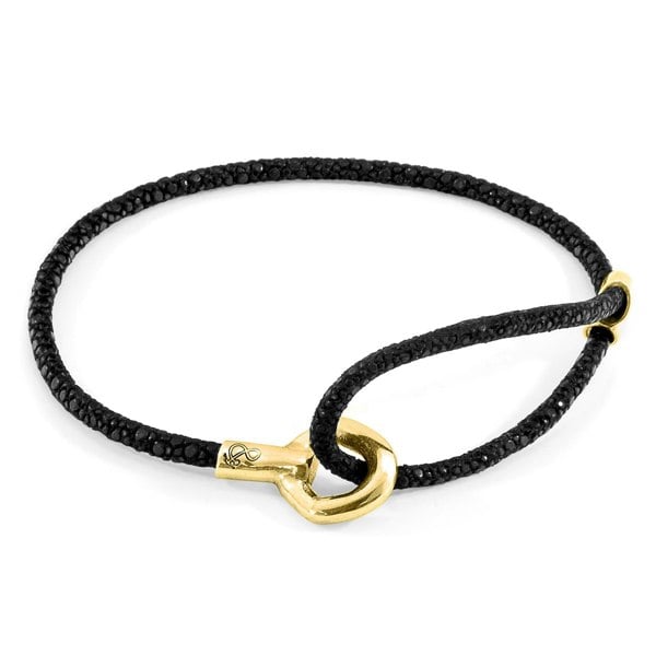 Anchor & Crew Raven Black Blake 9ct Yellow Gold and Stingray Leather Bracelet