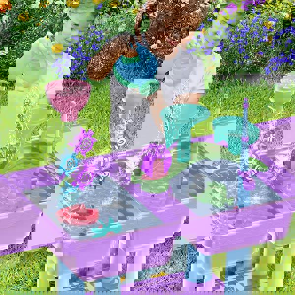 deAO Toys deAO Purple Outdoor Sand and Water Play Table for Kids – Fun Beach and Pool Activities with Fishing Game, Waterwheel, and Creative Molds