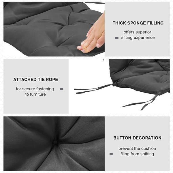 Thick sponge-filled dark grey cushion with attached tie ropes and button detail