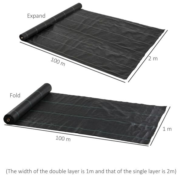 Black weed control membrane sheet shown expanded and folded, woven texture with teal seams