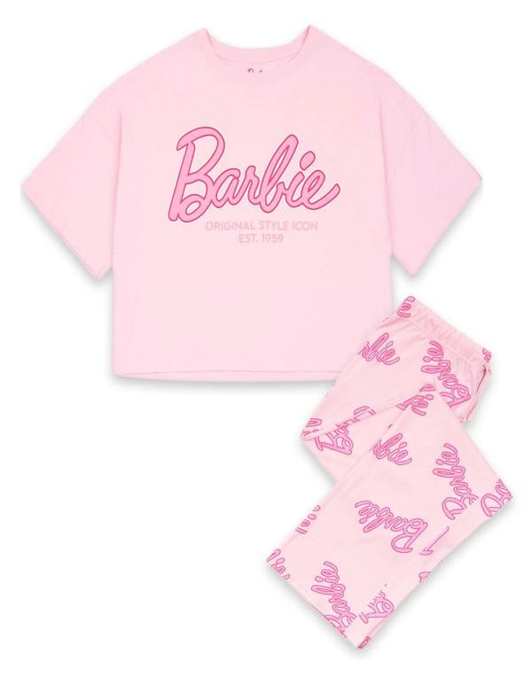 Barbie Womens Pink Logo All Over Print Short Sleeve Long Leg Pyjama Set