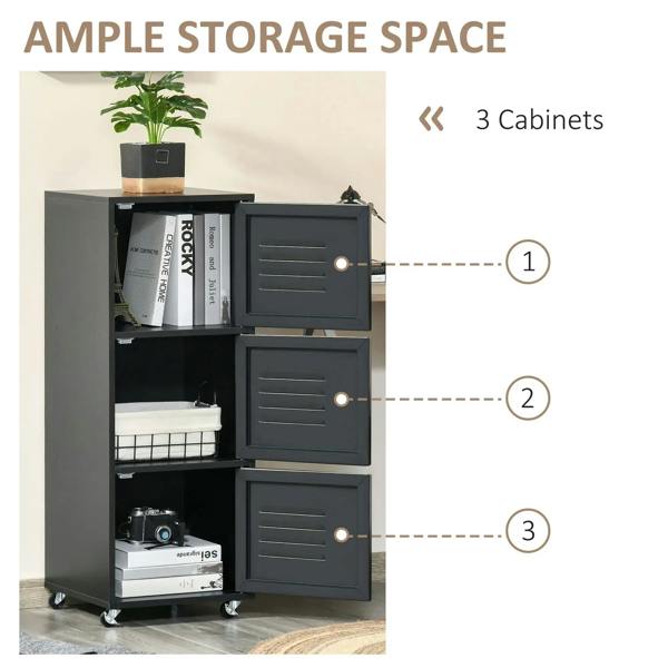 3-tier mobile cabinet with open louvered doors showing storage shelves and compartments.