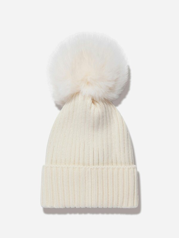 Moncler Enfant Girls Beanie with Faux Fur Pom Pom in Ivory