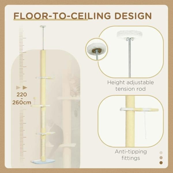 Cream floor-to-ceiling cat tree with adjustable tension rod and anti-tipping fittings graphic.