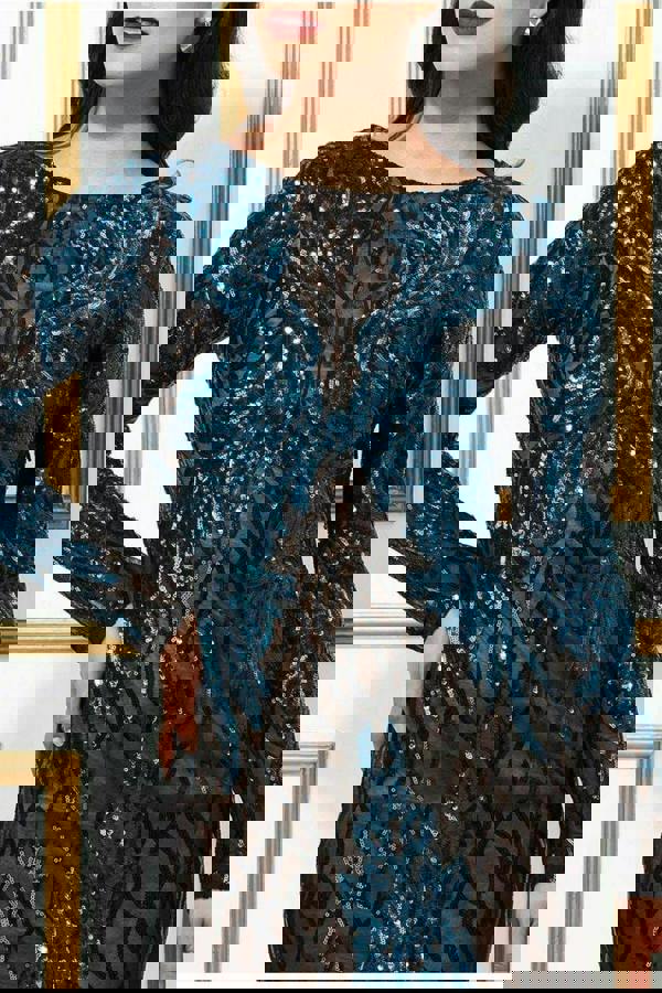 Boat Neck Full Sleeve Sequin Midi Dress - Teal DR3008