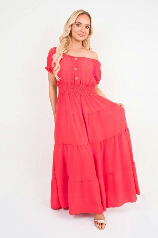 Emmy Smocked Waist Tiered Midi Dress - Red