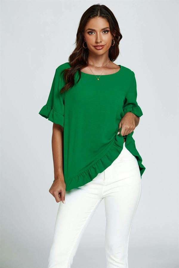 FS Collection Frill Detail Short Sleeves Top In Green