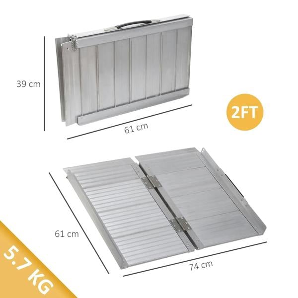 Silver folding wheelchair ramp with hinged sections, shown open and folded closed