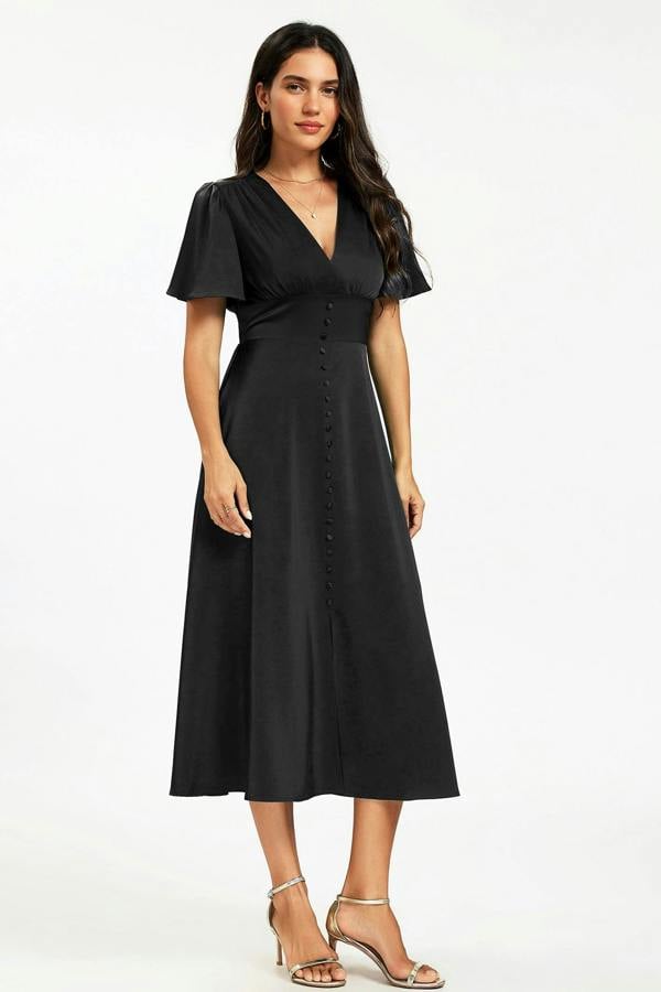 FS Collection Satin V neckline Button Detail Dress In Black