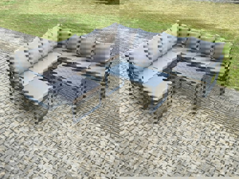 Fimous Aluminium Patio Outdoor Garden Furniture Lounge Corner Sofa Set with Oblong Coffee Table Big Footstool Dark Grey