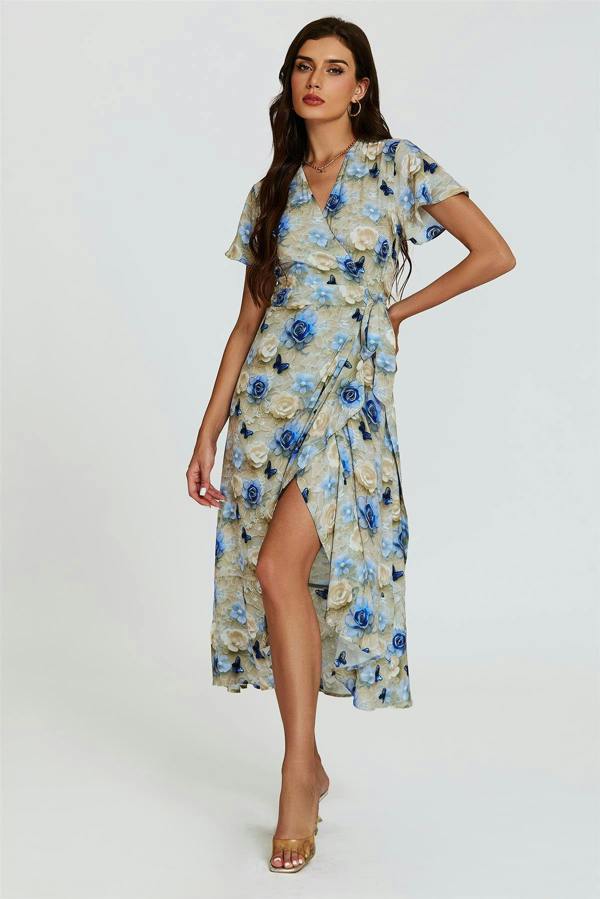 FS Collection Floral Print Wrap Hem Midi Dress In Beige