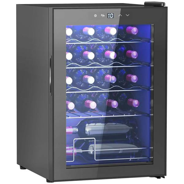Black countertop wine fridge with transparent glass door and interior wine shelves