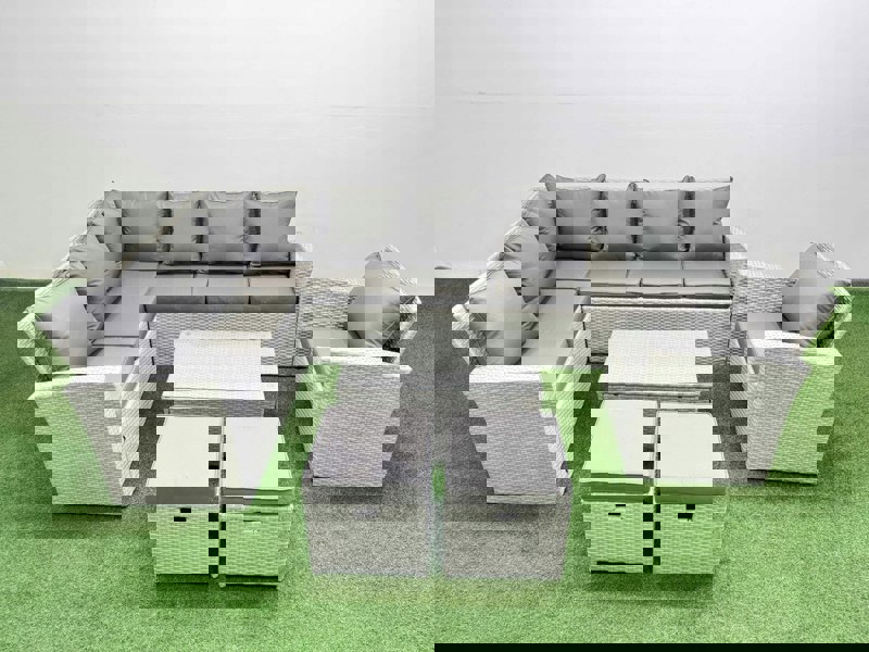 Fimous 9 Seater Garden Outdoor PE Rattan Furniture Set Rattan Garden Sofa Set with 2 Small Footstools Light Grey Mixed