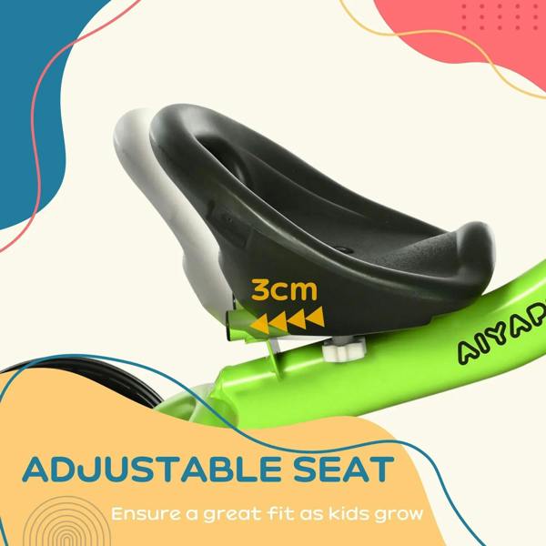 Adjustable black kids tricycle seat on lime green frame, side close-up