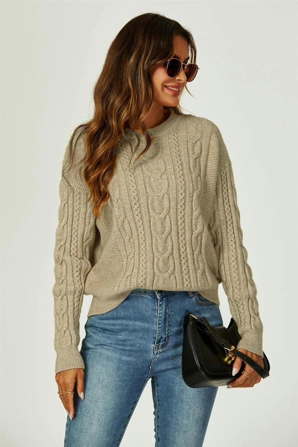 FS Collection Cable Knit Crew Neck Jumper In Taupe