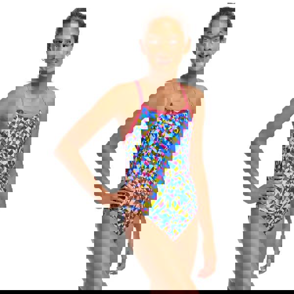 Funkita girls time warp single strap swimsuit in multi geometric pattern