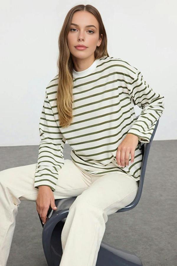 WOVCOR Striped Crew Neck Thin Knit Sweatshirt