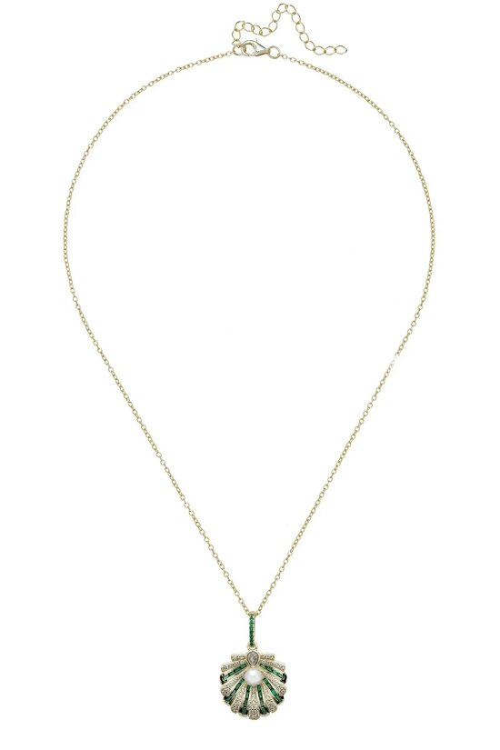 Latelita Art Deco Scallop Shell Pendant Necklace Emerald Green With Pearl Gold