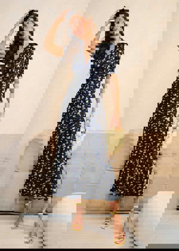 Gini London Navy Floral Lace Trim V Neck Midi Dress