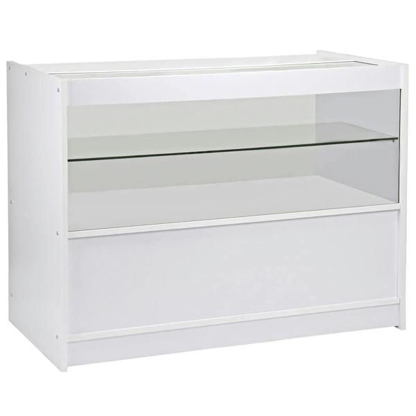 Brilliant white retail shop counter featuring a sleek design, glass display shelf, and smooth, modern finish for showcasing products