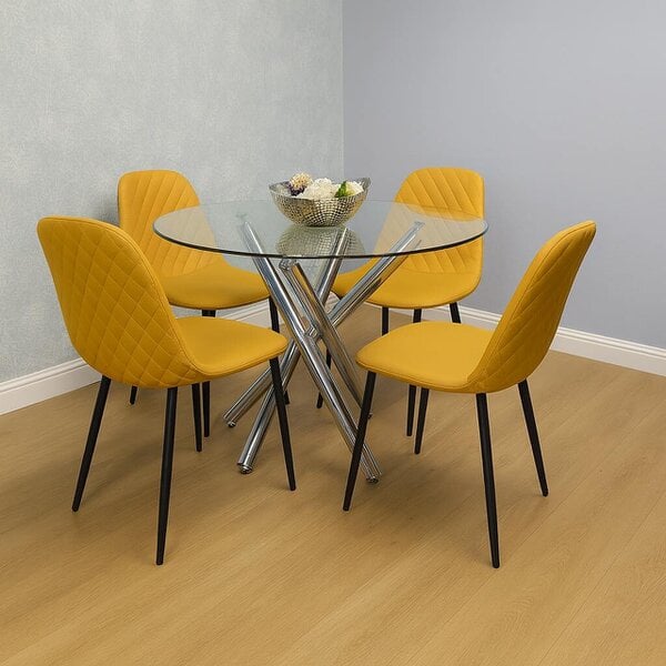 Kosy Koala Round Clear Glass Dining Table Set with 4 Mustard Gem Pattern Chairs Modern Dining Set
