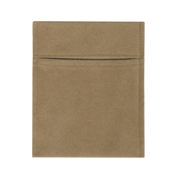 Beige storage pouch made from soft, durable fabric featuring a sleek design and a convenient front pocket for easy access