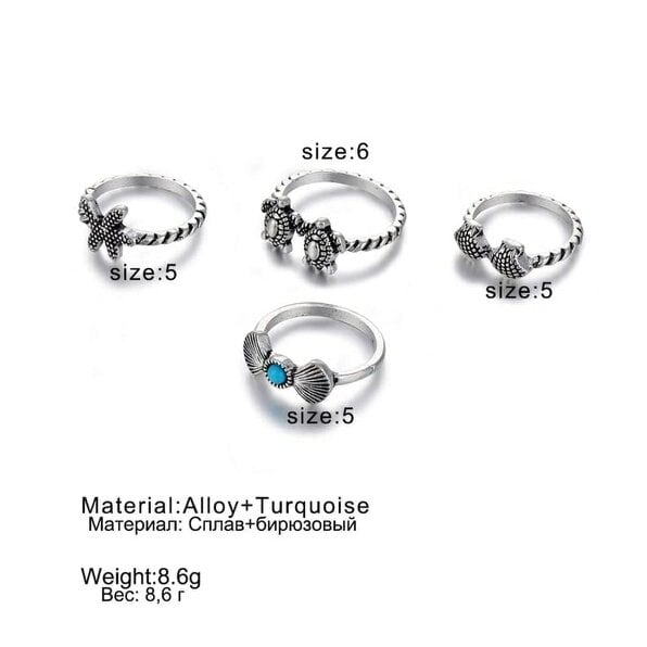 The Colourful Aura 4 Piece Stackable Bohemian Starfish Turtle Beach Midi Retro Rings