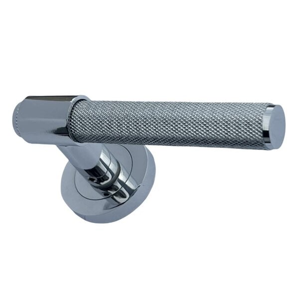EDH Door Hardware Polished Chrome Knurled Door Handles on Round Rose – Modern Internal Lever Handle