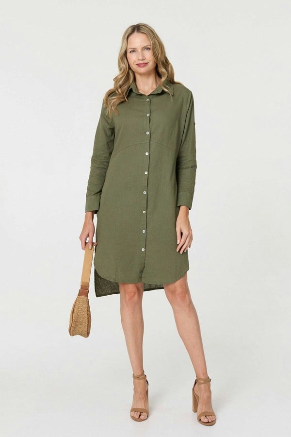 Khaki | Long Sleeve Split Hem Maxi Shirt Dress
