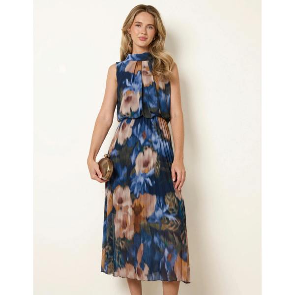 Blue Vanilla Sleeveless Cowl Neck Pleat Dress
